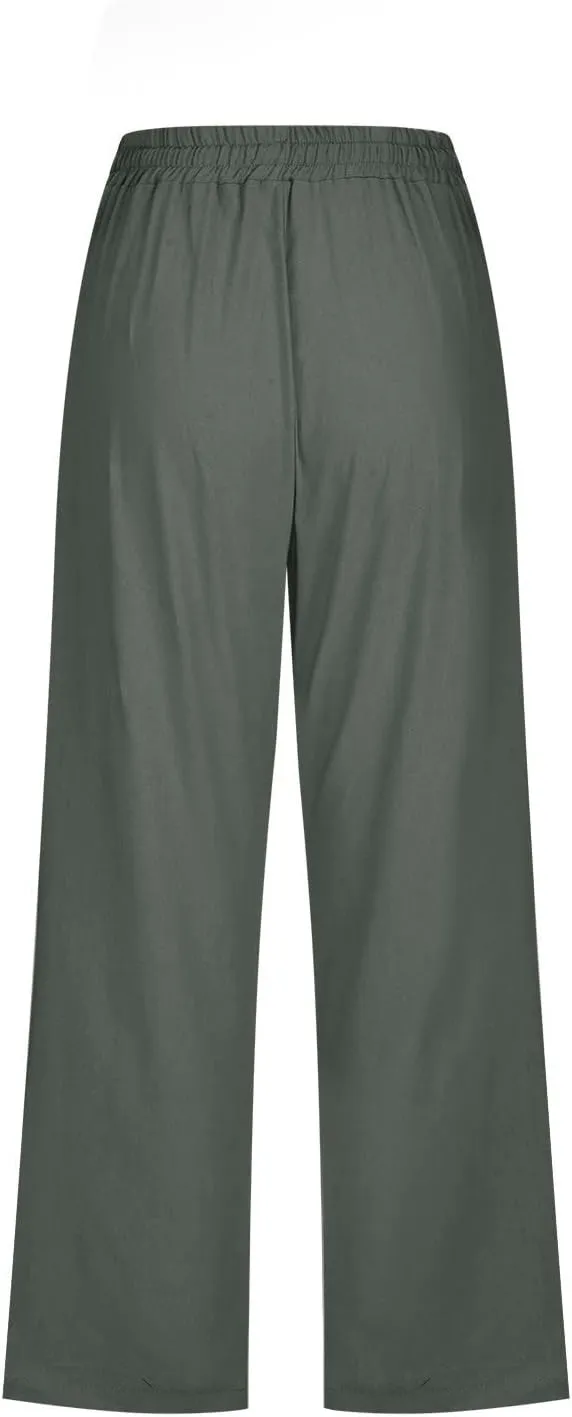 Capri Pants for Women Linen Casual Summer Wide Leg Loose Elastic Waisted Cropped Trouser Beach Pant