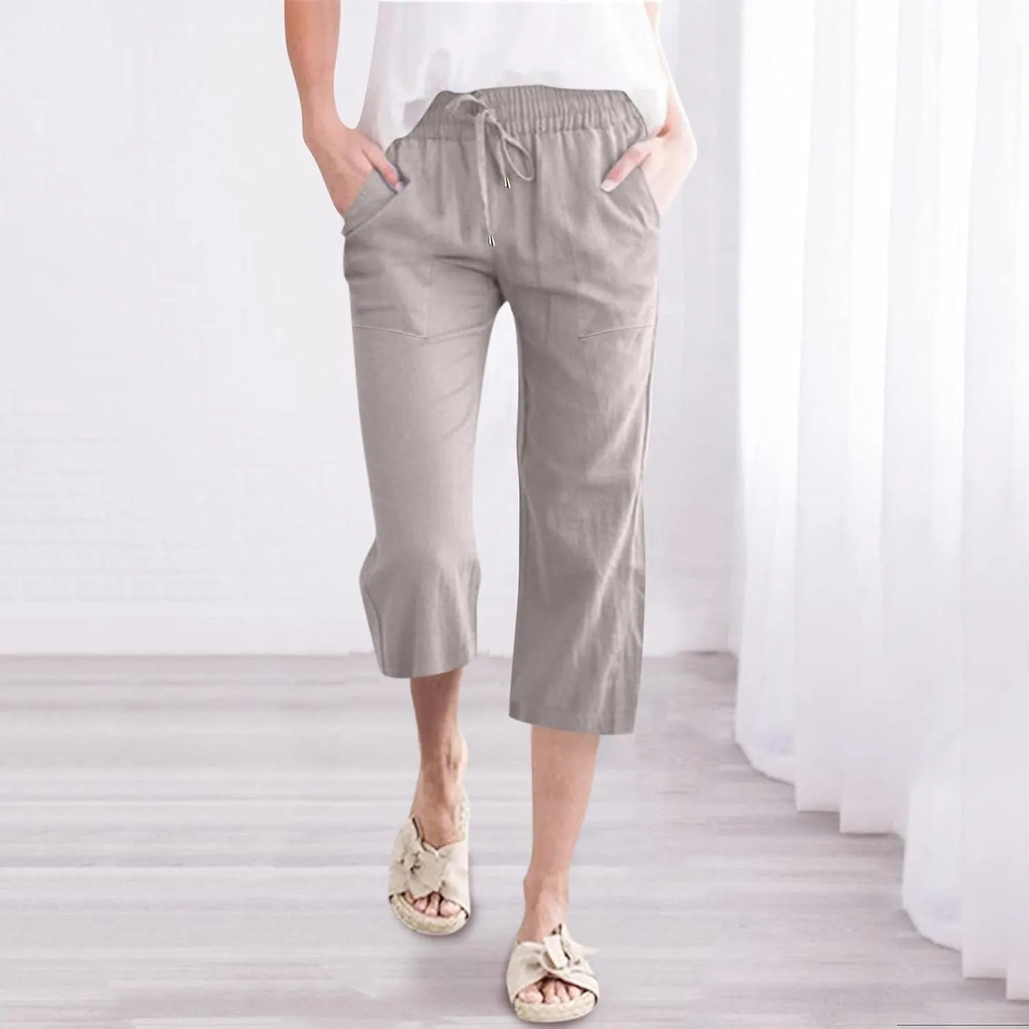 Capri Pants for Women Linen Casual Summer Wide Leg Loose Elastic Waisted Cropped Trouser Beach Pant