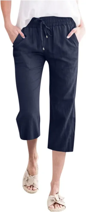 Capri Pants for Women Linen Casual Summer Wide Leg Loose Elastic Waisted Cropped Trouser Beach Pant