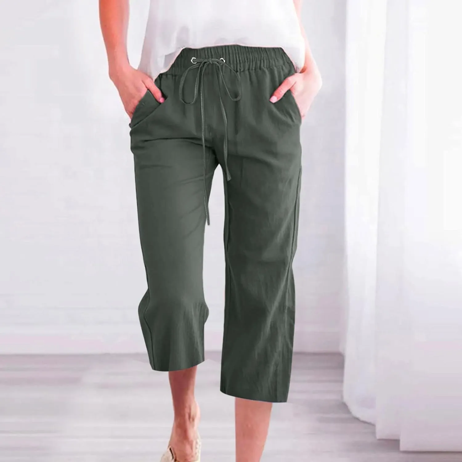 Capri Pants for Women Linen Casual Summer Wide Leg Loose Elastic Waisted Cropped Trouser Beach Pant
