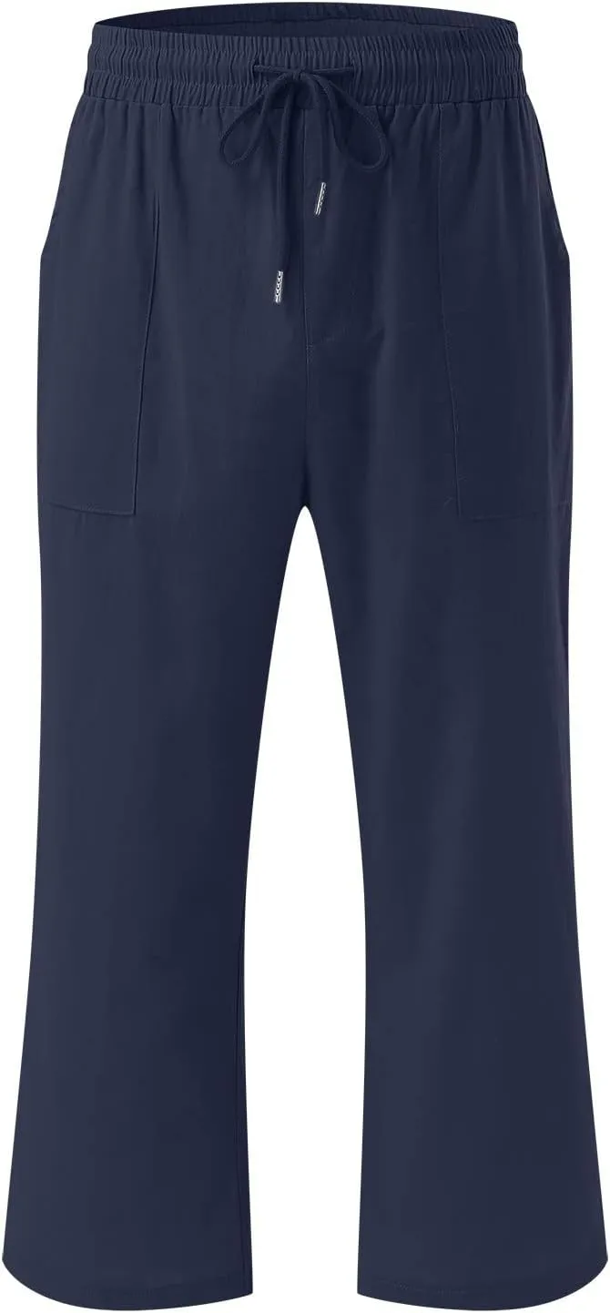 Capri Pants for Women Linen Casual Summer Wide Leg Loose Elastic Waisted Cropped Trouser Beach Pant