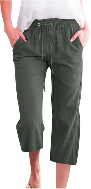 Capri Pants for Women Linen Casual Summer Wide Leg Loose Elastic Waisted Cropped Trouser Beach Pant