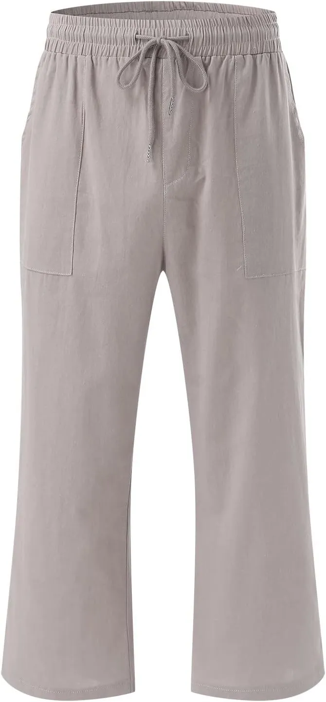 Capri Pants for Women Linen Casual Summer Wide Leg Loose Elastic Waisted Cropped Trouser Beach Pant