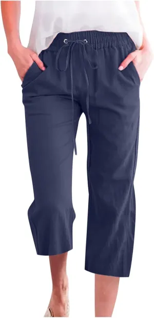 Capri Pants for Women Linen Casual Summer Wide Leg Loose Elastic Waisted Cropped Trouser Beach Pant