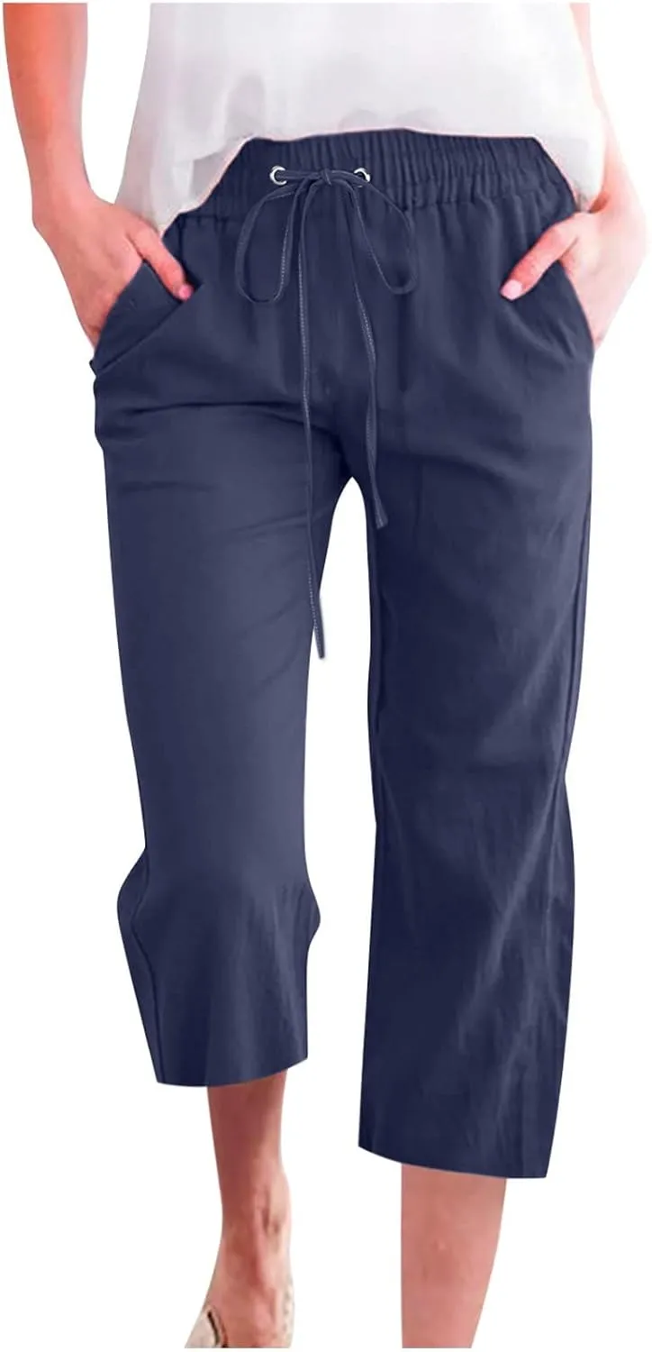 Capri Pants for Women Linen Casual Summer Wide Leg Loose Elastic Waisted Cropped Trouser Beach Pant