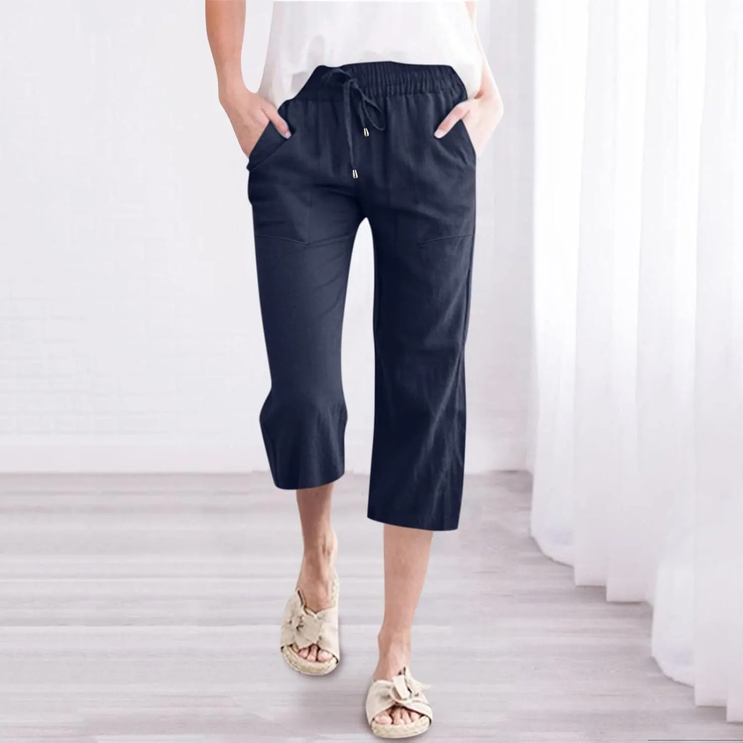 Capri Pants for Women Linen Casual Summer Wide Leg Loose Elastic Waisted Cropped Trouser Beach Pant