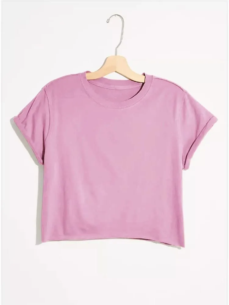 Carpetcom Women's Summer Casual Loose Fit Plain Soild Basic Short Sleeve Crop Tops T-Shirts