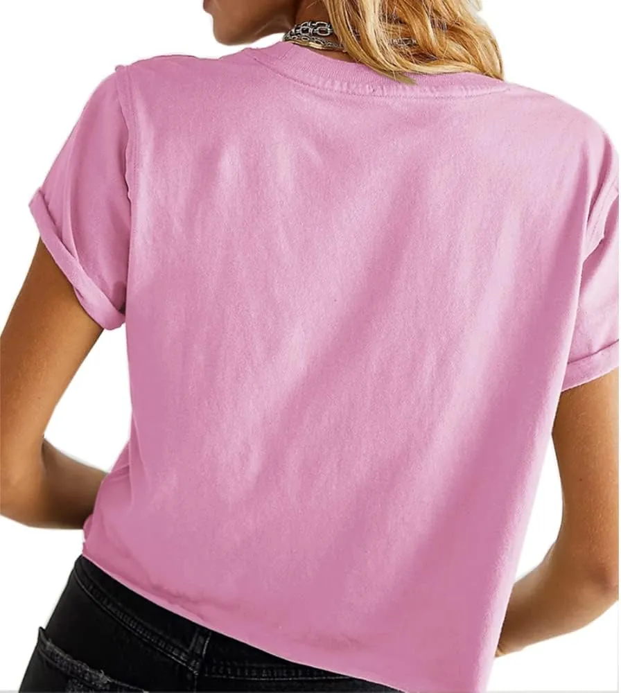 Carpetcom Women's Summer Casual Loose Fit Plain Soild Basic Short Sleeve Crop Tops T-Shirts