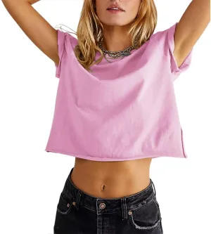 Carpetcom Women's Summer Casual Loose Fit Plain Soild Basic Short Sleeve Crop Tops T-Shirts