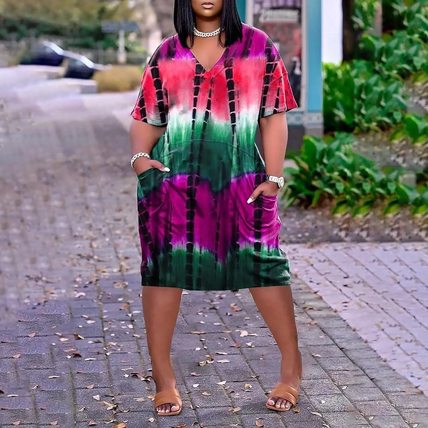 Casual Dresses for Women Plus Size Tie-dye V Neck T-Shirt Dress with Pockets Short Sleeve Midi Dress Summer Dresses