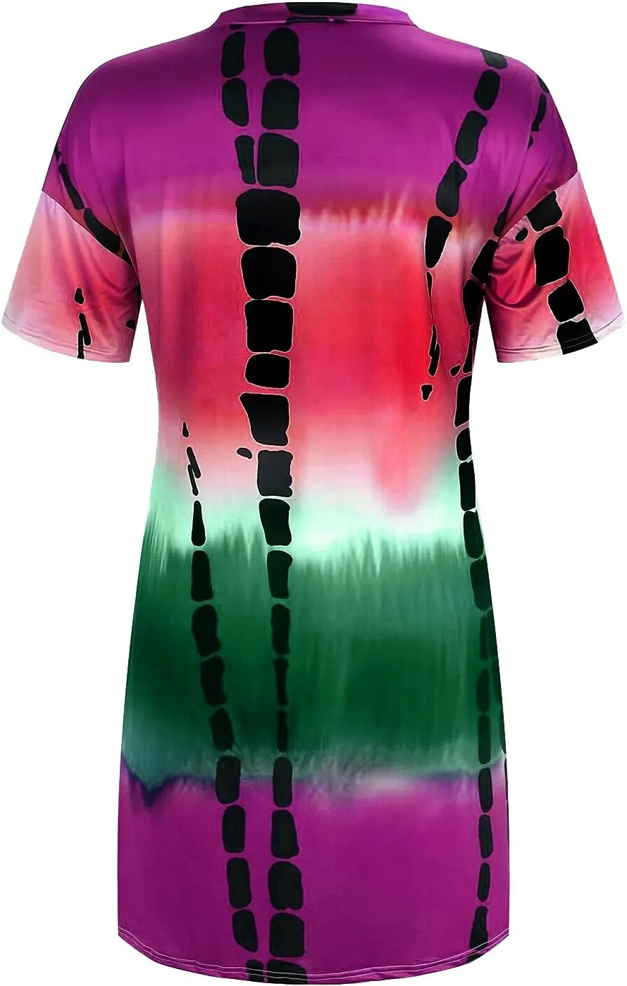 Casual Dresses for Women Plus Size Tie-dye V Neck T-Shirt Dress with Pockets Short Sleeve Midi Dress Summer Dresses