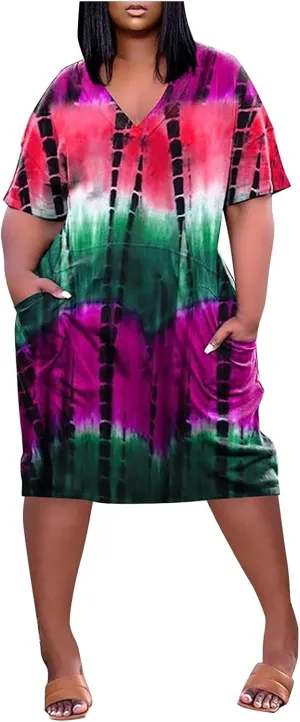 Casual Dresses for Women Plus Size Tie-dye V Neck T-Shirt Dress with Pockets Short Sleeve Midi Dress Summer Dresses
