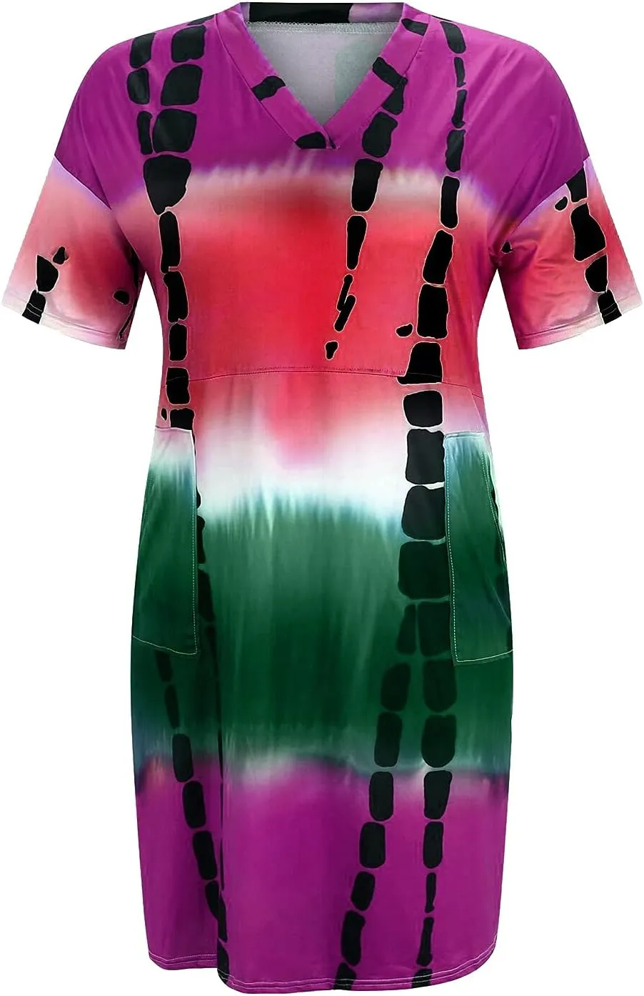 Casual Dresses for Women Plus Size Tie-dye V Neck T-Shirt Dress with Pockets Short Sleeve Midi Dress Summer Dresses