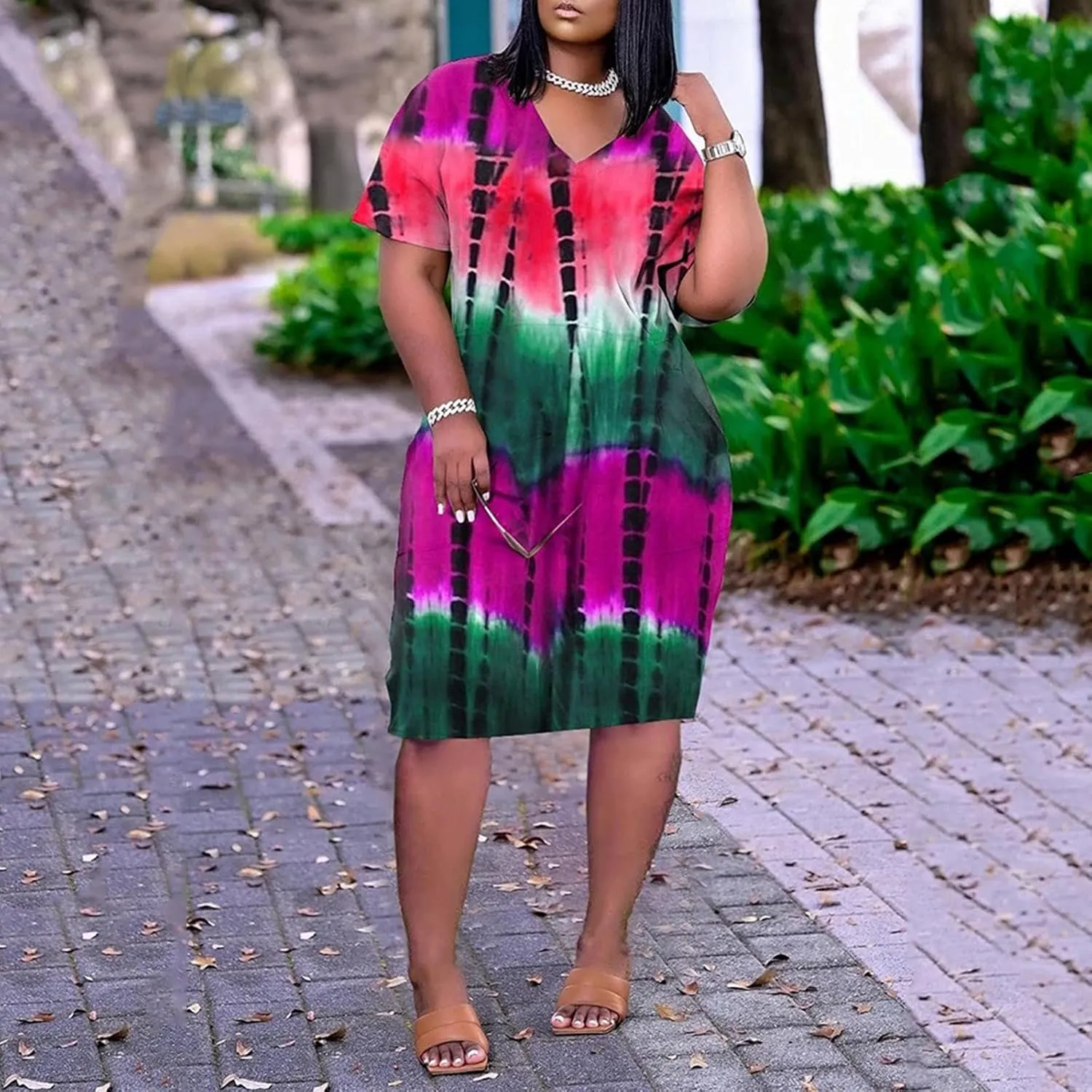 Casual Dresses for Women Plus Size Tie-dye V Neck T-Shirt Dress with Pockets Short Sleeve Midi Dress Summer Dresses