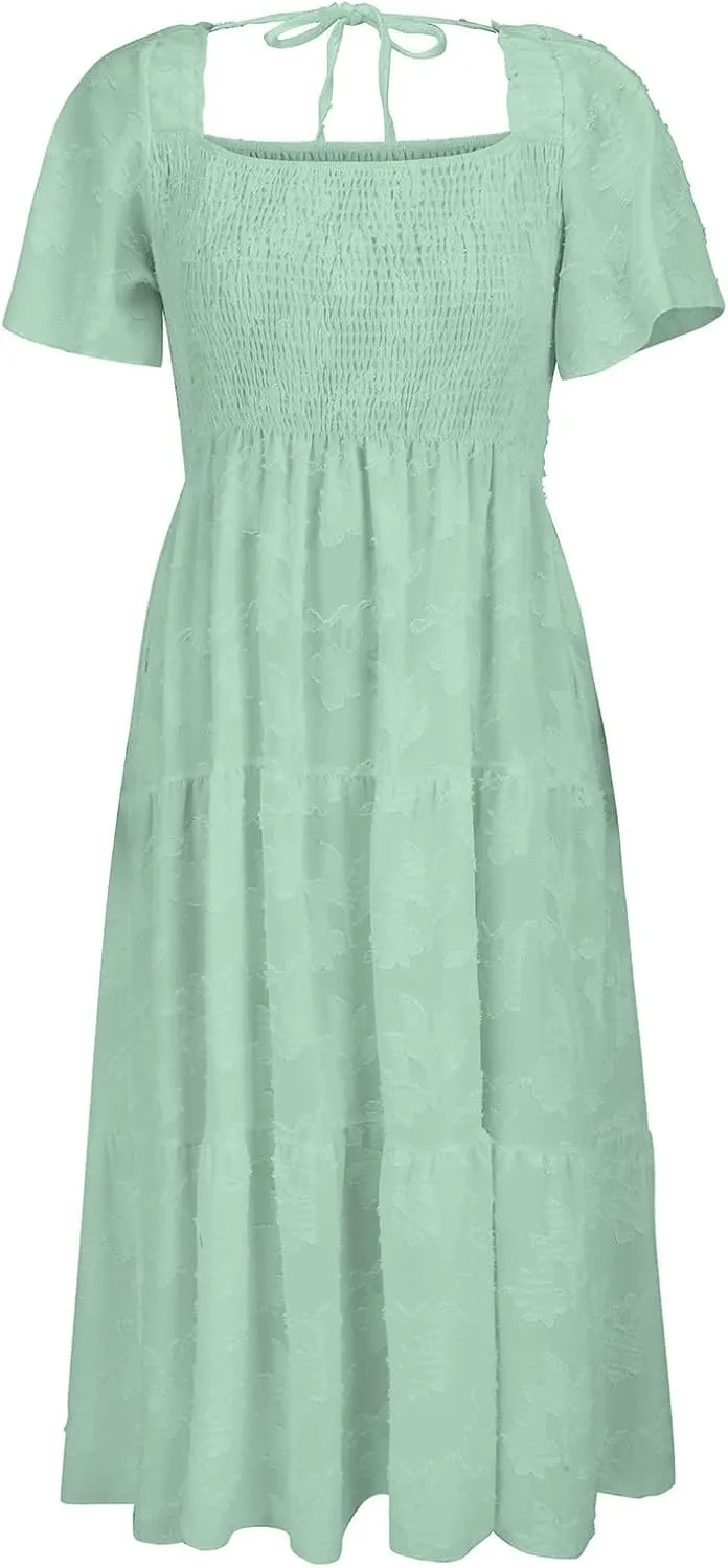 Casual Summer Dresses for Women 2025,Women's Cotton Summer Boho Floral Printed Midi Dresses Elegant Square Neck Dress