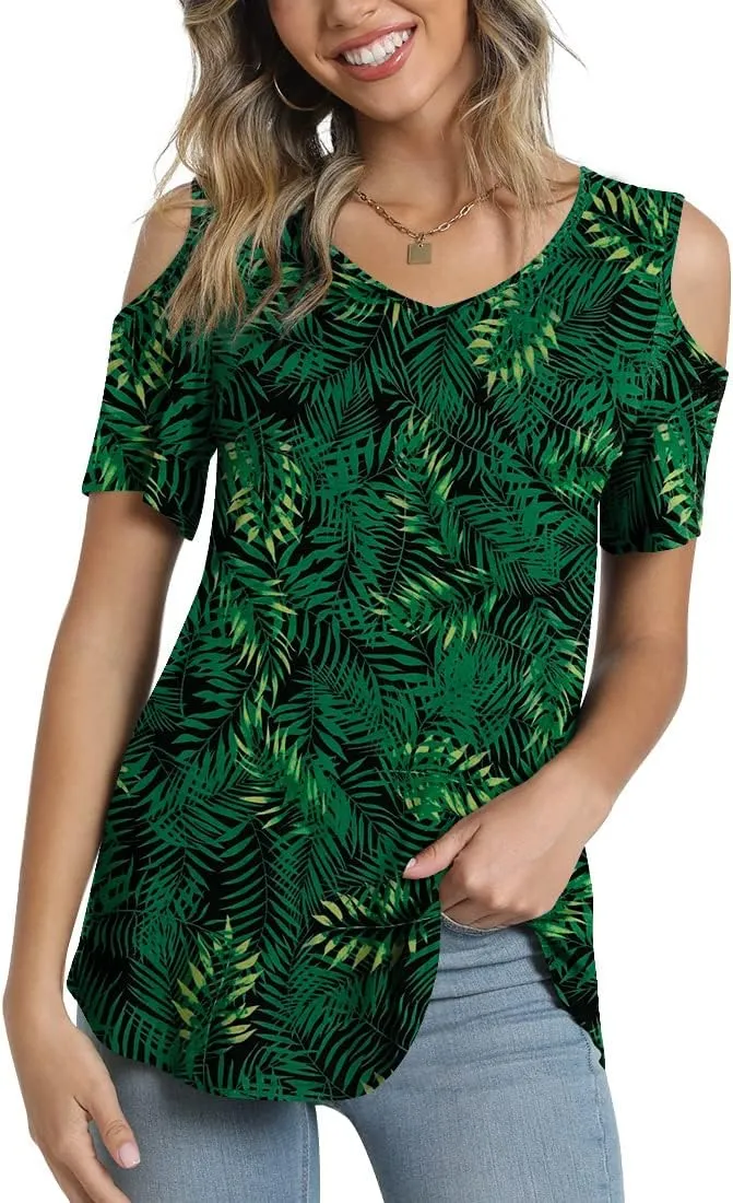 CATHY Women's V Neck Tunic Top Cold Shoulder Tshirt Short Sleeve Casual Blouse for Leggings