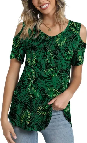 CATHY Women's V Neck Tunic Top Cold Shoulder Tshirt Short Sleeve Casual Blouse for Leggings