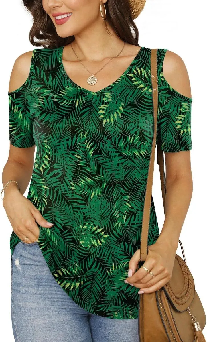 CATHY Women's V Neck Tunic Top Cold Shoulder Tshirt Short Sleeve Casual Blouse for Leggings