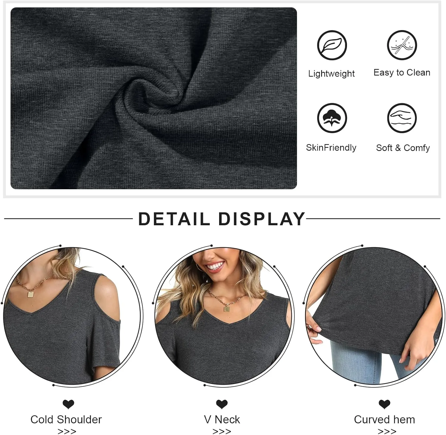 CATHY Women's V Neck Tunic Top Cold Shoulder Tshirt Short Sleeve Casual Blouse for Leggings