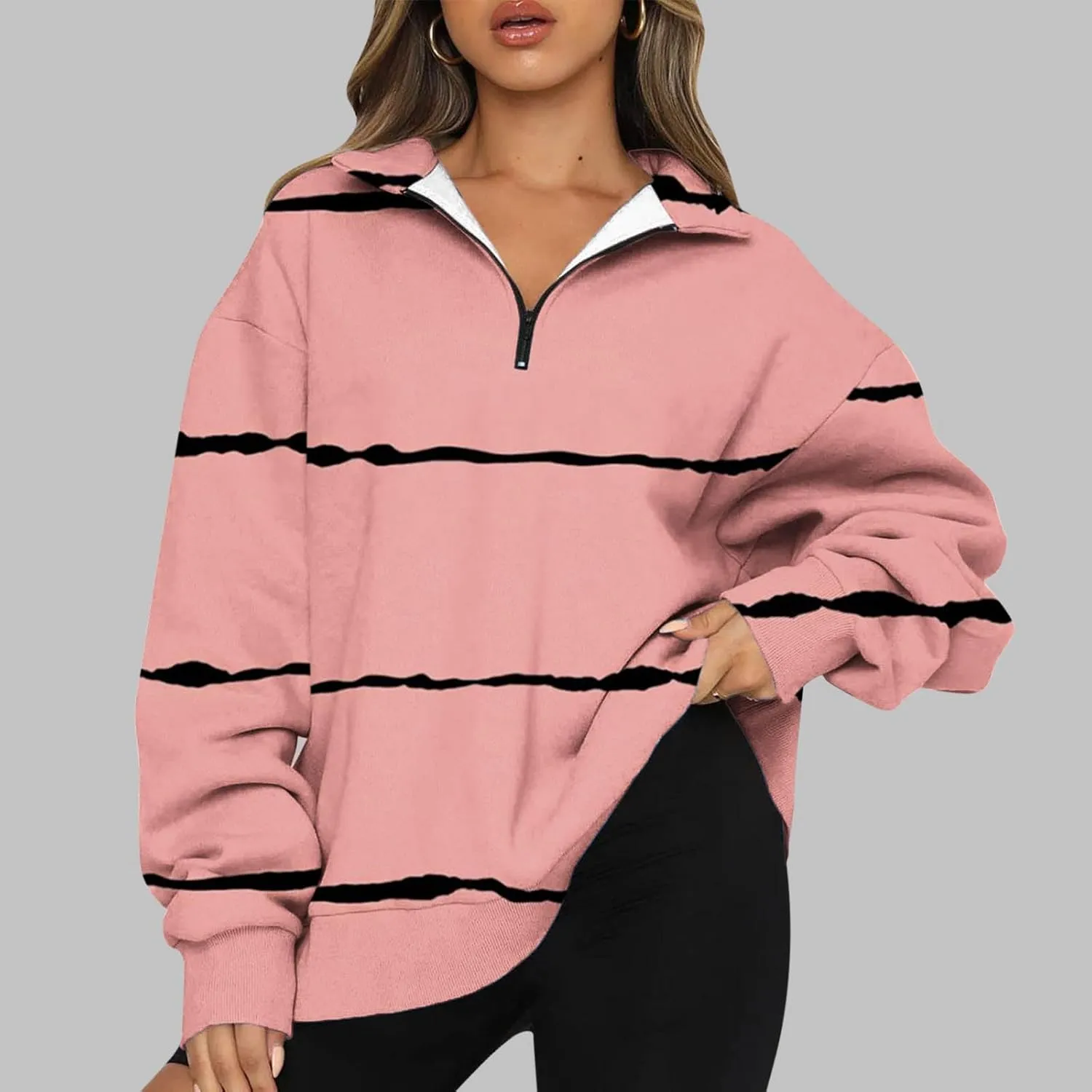 Ceboyel Women Striped Print Sweatshirts 2023 Oversized Hoodie Pullover 1/4 Zip Casual Fall Tops Loose Fit Trendy Outfits