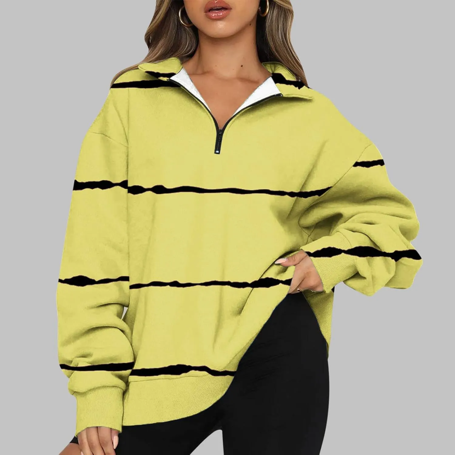 Ceboyel Women Striped Print Sweatshirts 2023 Oversized Hoodie Pullover 1/4 Zip Casual Fall Tops Loose Fit Trendy Outfits