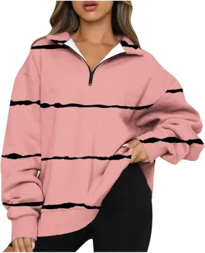 Ceboyel Women Striped Print Sweatshirts 2023 Oversized Hoodie Pullover 1/4 Zip Casual Fall Tops Loose Fit Trendy Outfits