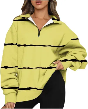 Ceboyel Women Striped Print Sweatshirts 2023 Oversized Hoodie Pullover 1/4 Zip Casual Fall Tops Loose Fit Trendy Outfits