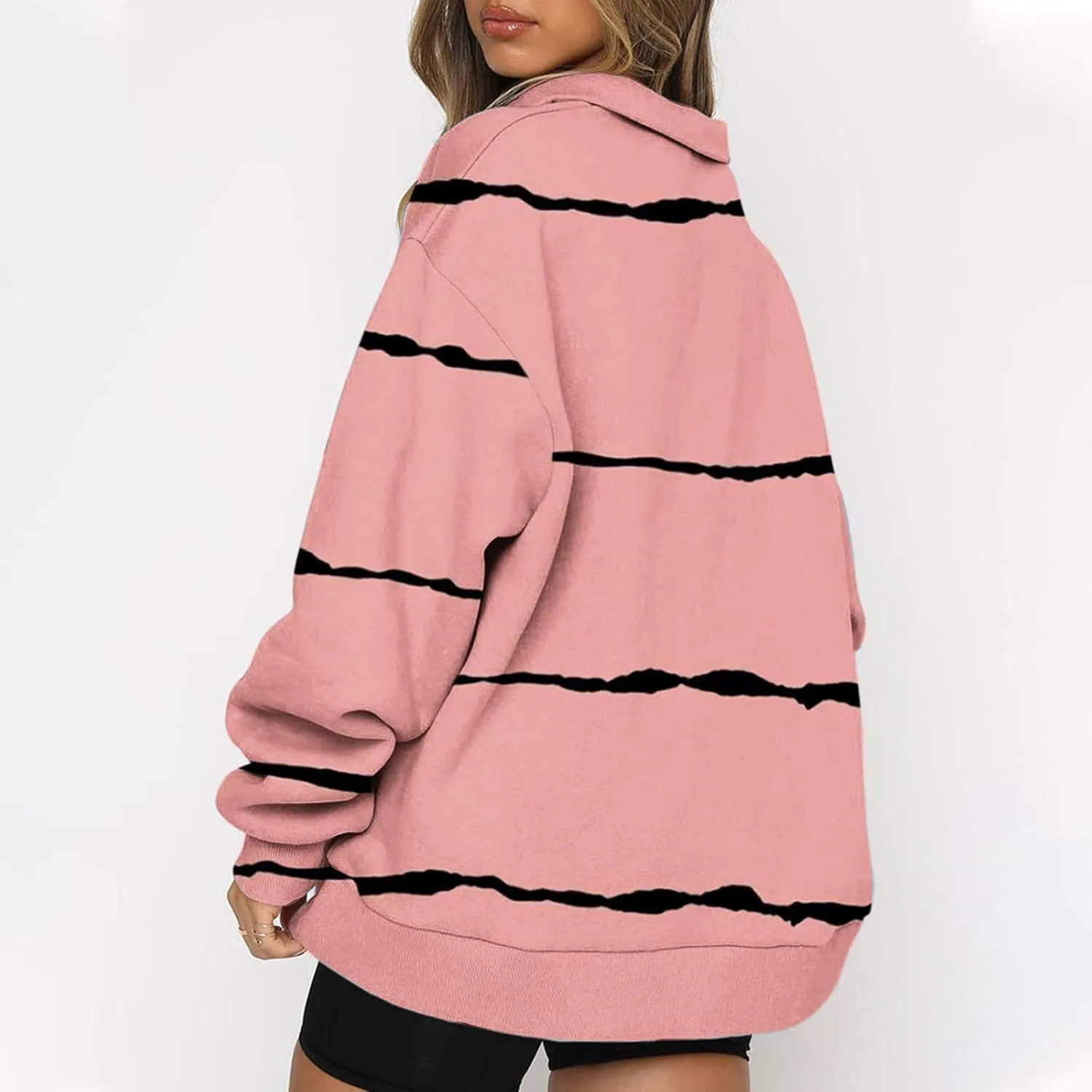 Ceboyel Women Striped Print Sweatshirts 2023 Oversized Hoodie Pullover 1/4 Zip Casual Fall Tops Loose Fit Trendy Outfits