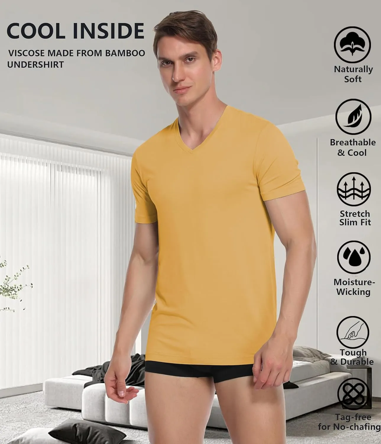 CF Men's Undershirts Bamboo Rayon Shirts for Men Moisture Wicking T-Shirt Classic V Neck Cooling Tee Shirts 3/5 Pack