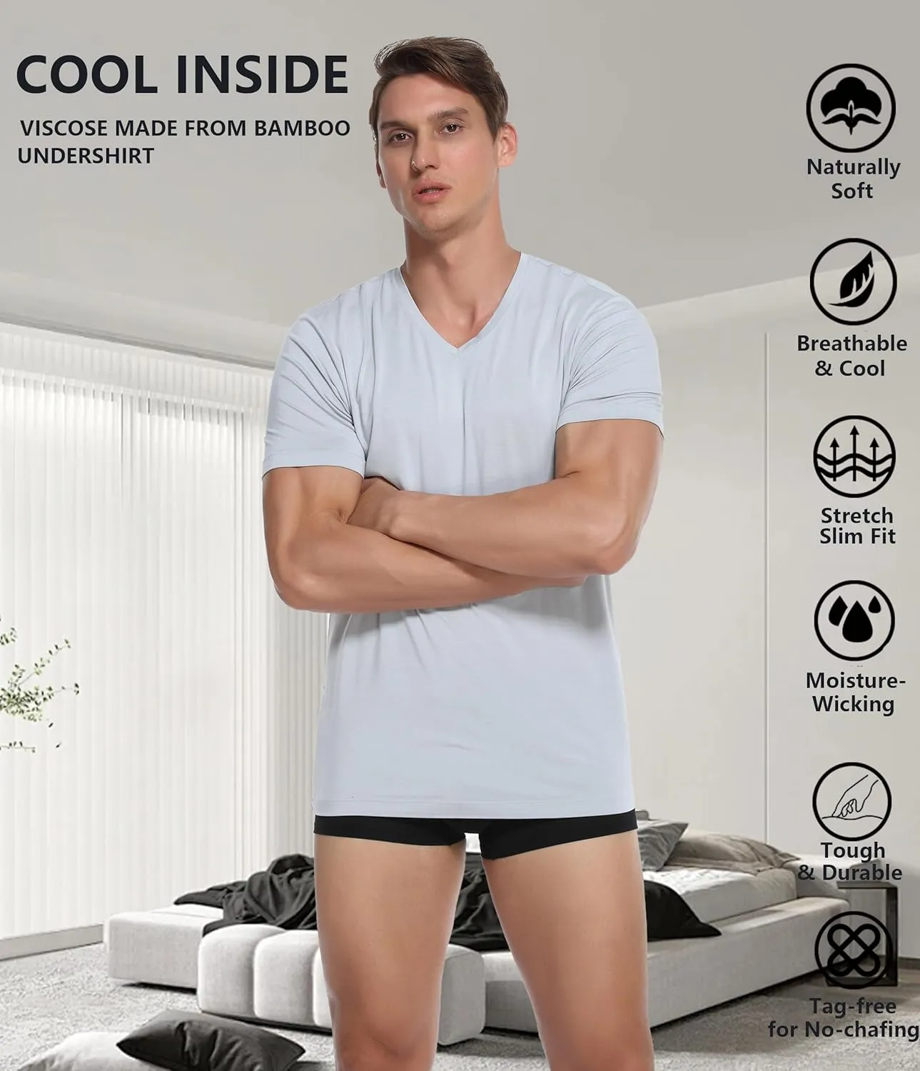 CF Men's Undershirts Bamboo Rayon Shirts for Men Moisture Wicking T-Shirt Classic V Neck Cooling Tee Shirts 3/5 Pack