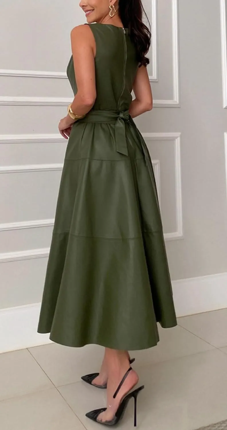 CHARTOU Women PU Faux Leather Sleeveless Elegant Flowy Long Dress Party Night Out Dress with Belt