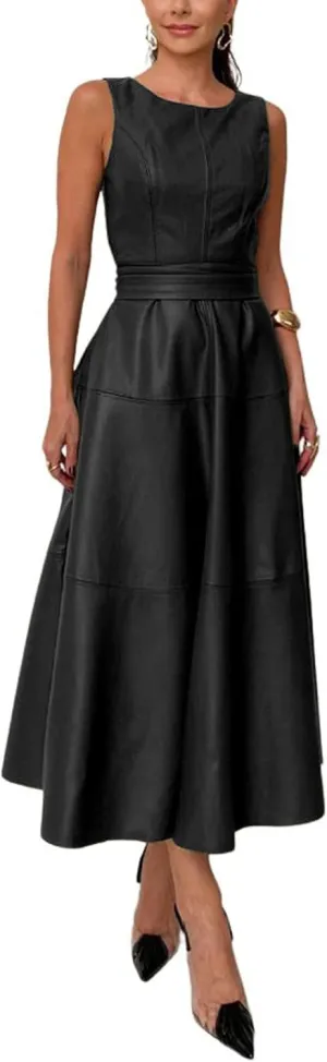 CHARTOU Women PU Faux Leather Sleeveless Elegant Flowy Long Dress Party Night Out Dress with Belt