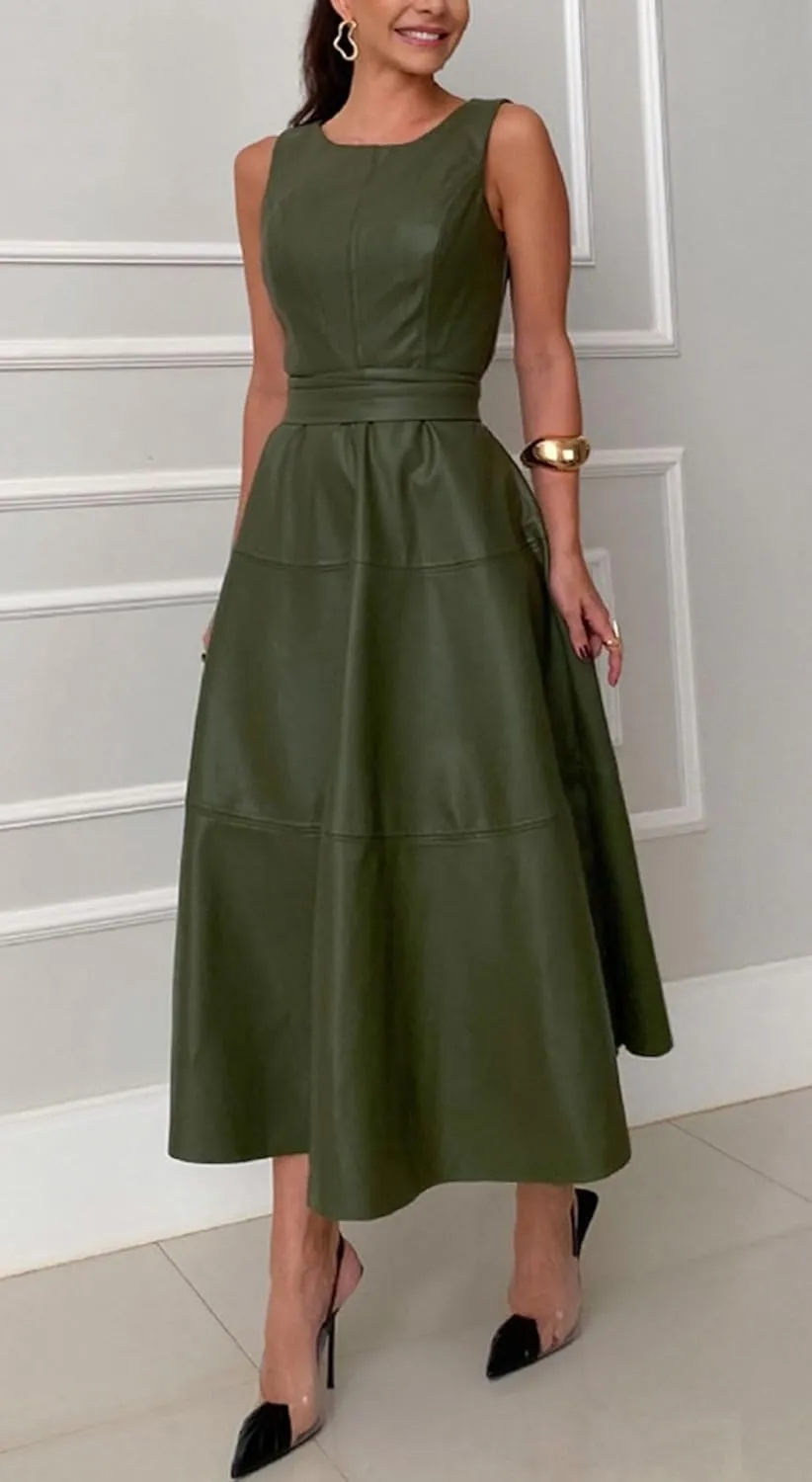 CHARTOU Women PU Faux Leather Sleeveless Elegant Flowy Long Dress Party Night Out Dress with Belt