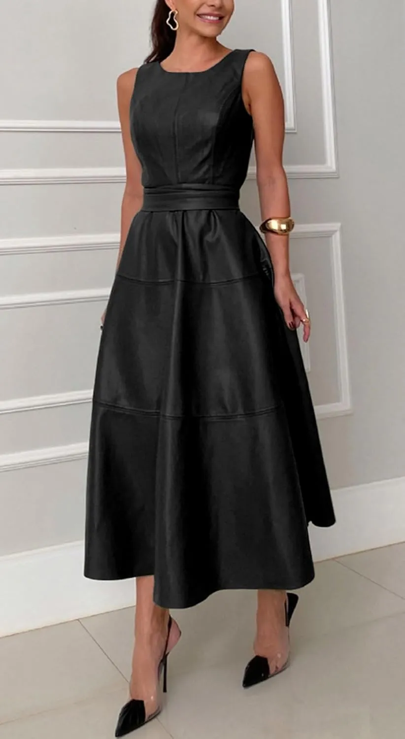 CHARTOU Women PU Faux Leather Sleeveless Elegant Flowy Long Dress Party Night Out Dress with Belt