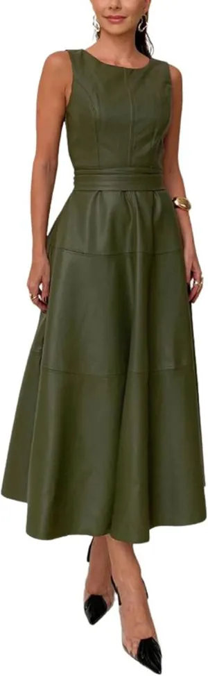 CHARTOU Women PU Faux Leather Sleeveless Elegant Flowy Long Dress Party Night Out Dress with Belt