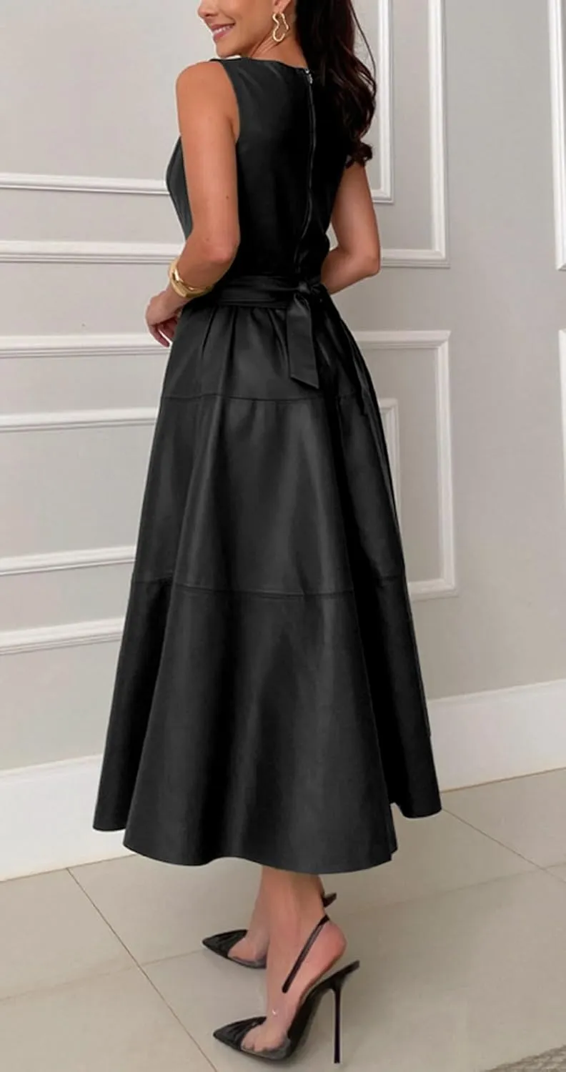 CHARTOU Women PU Faux Leather Sleeveless Elegant Flowy Long Dress Party Night Out Dress with Belt