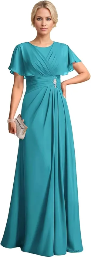 Chiffon Beading Mother of The Bride Dresses for Women 2025 Long Scoop Neck Formal Dress with Sleeves