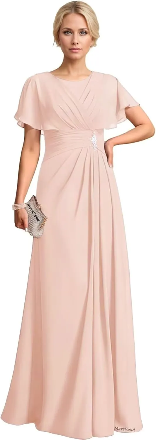 Chiffon Beading Mother of The Bride Dresses for Women 2025 Long Scoop Neck Formal Dress with Sleeves