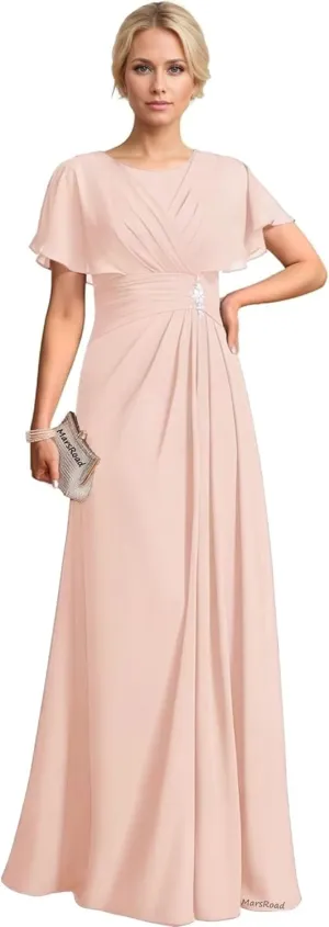 Chiffon Beading Mother of The Bride Dresses for Women 2025 Long Scoop Neck Formal Dress with Sleeves