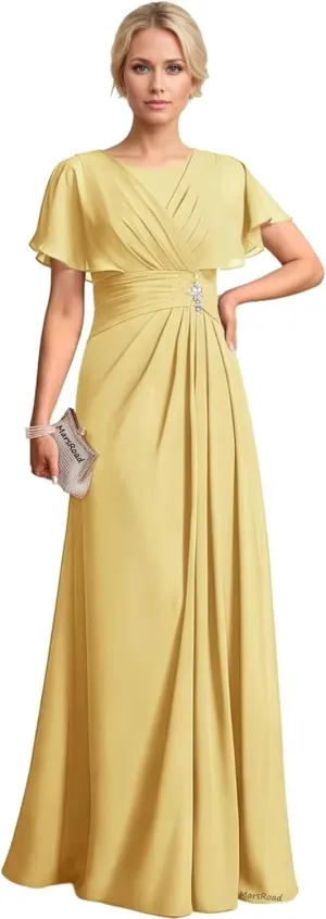 Chiffon Beading Mother of The Bride Dresses for Women 2025 Long Scoop Neck Formal Dress with Sleeves