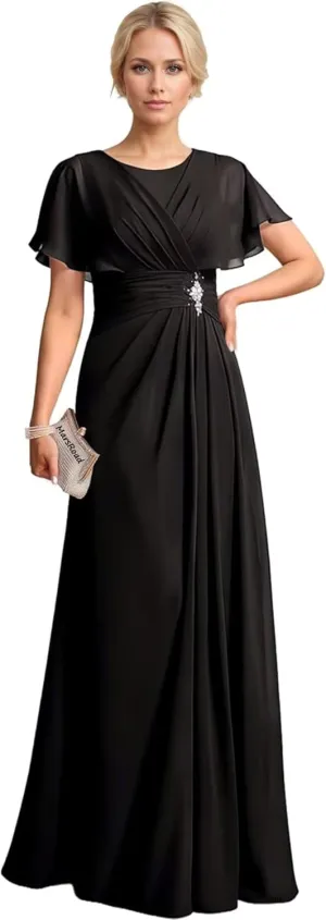 Chiffon Beading Mother of The Bride Dresses for Women 2025 Long Scoop Neck Formal Dress with Sleeves