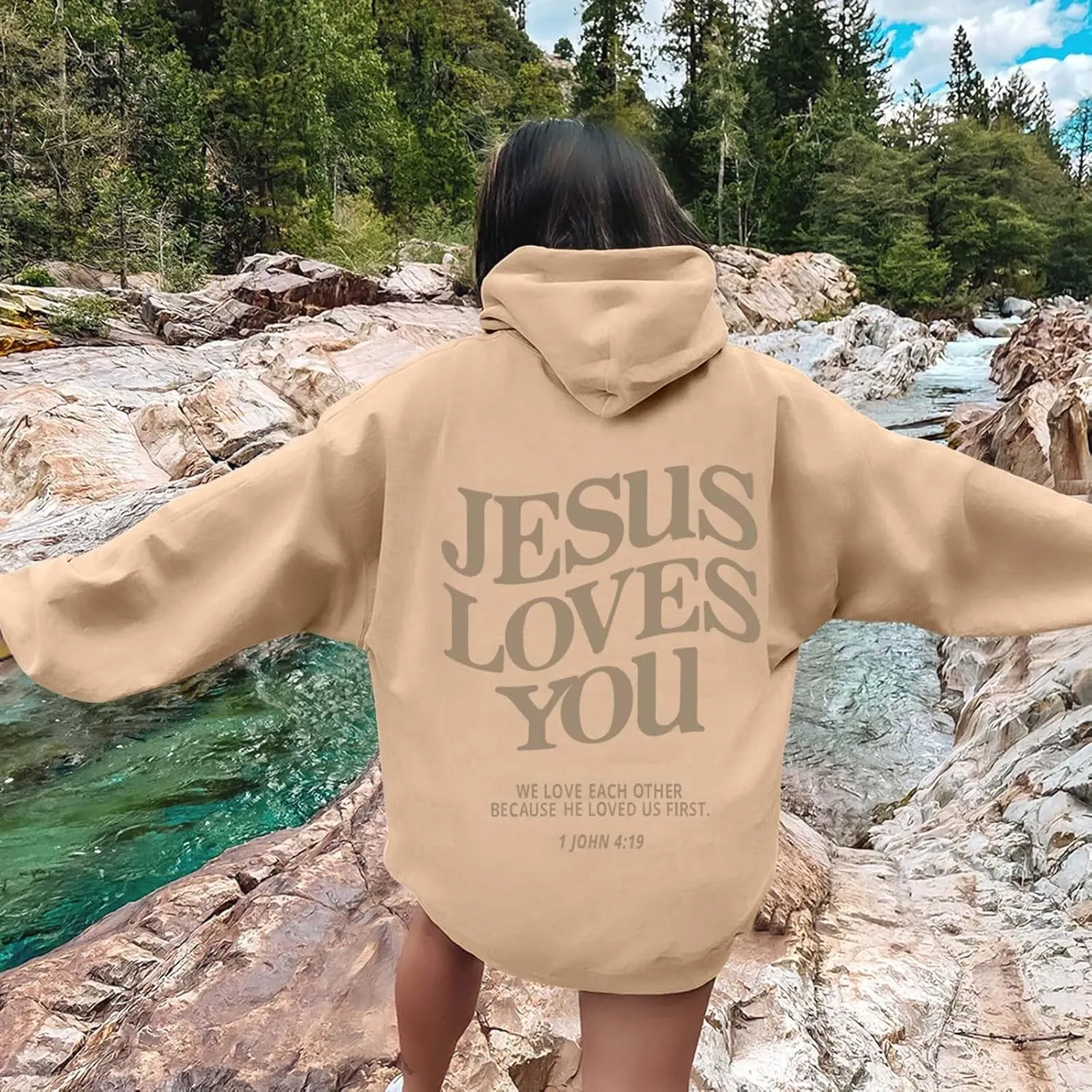 Christian Sweatshirt Women Jesus Loves You Hoodie Oversized Jesus Faith Pullover Inspirational Long Sleeve Tops
