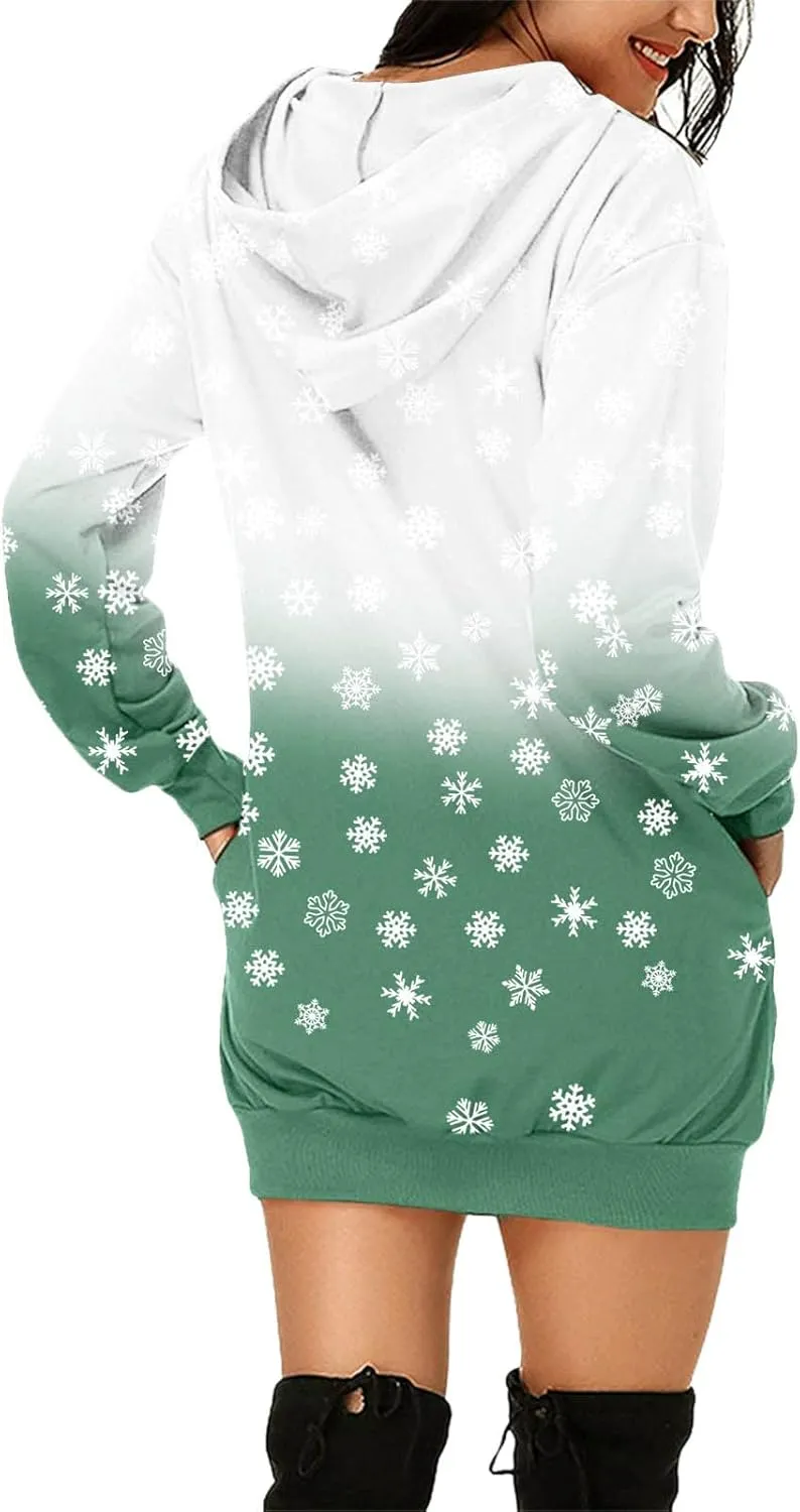 Comfortable Hoodies Dress for Women Christmas Print Long Sleeve Gradient Color Casual Loose Sweatshirt Dress with Pocket