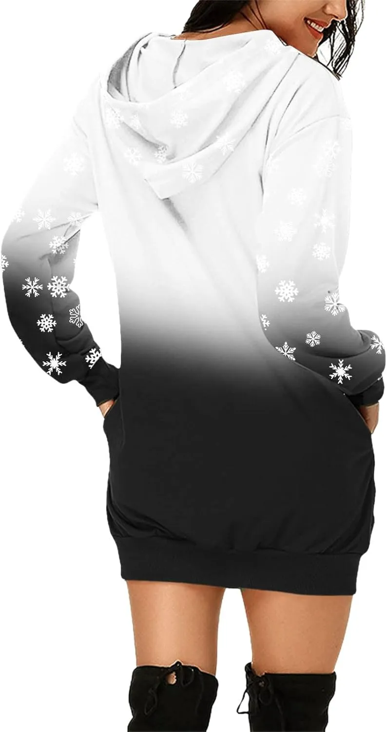 Comfortable Hoodies Dress for Women Christmas Print Long Sleeve Gradient Color Casual Loose Sweatshirt Dress with Pocket