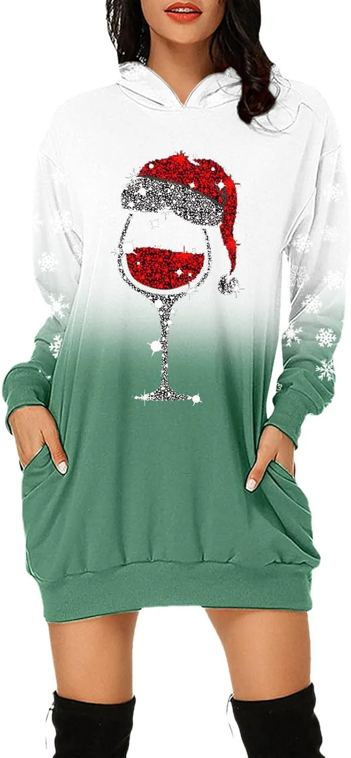 Comfortable Hoodies Dress for Women Christmas Print Long Sleeve Gradient Color Casual Loose Sweatshirt Dress with Pocket