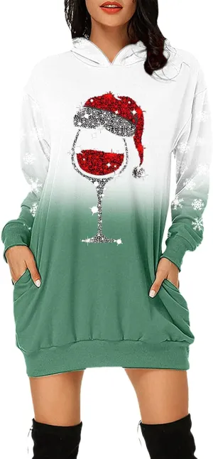 Comfortable Hoodies Dress for Women Christmas Print Long Sleeve Gradient Color Casual Loose Sweatshirt Dress with Pocket