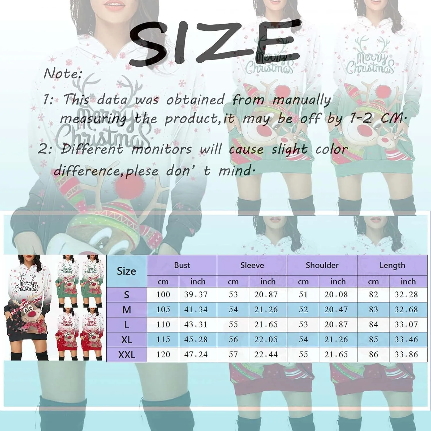 Comfortable Hoodies Dress for Women Christmas Print Long Sleeve Gradient Color Casual Loose Sweatshirt Dress with Pocket