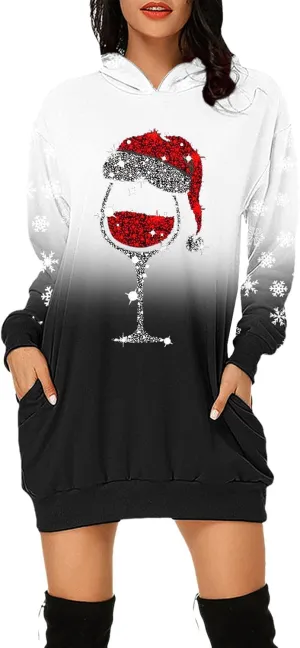 Comfortable Hoodies Dress for Women Christmas Print Long Sleeve Gradient Color Casual Loose Sweatshirt Dress with Pocket