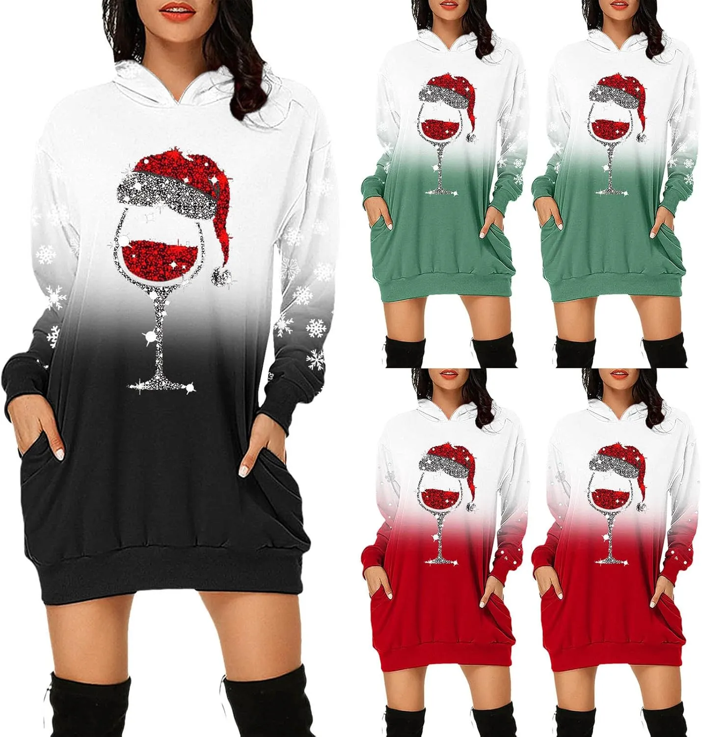 Comfortable Hoodies Dress for Women Christmas Print Long Sleeve Gradient Color Casual Loose Sweatshirt Dress with Pocket