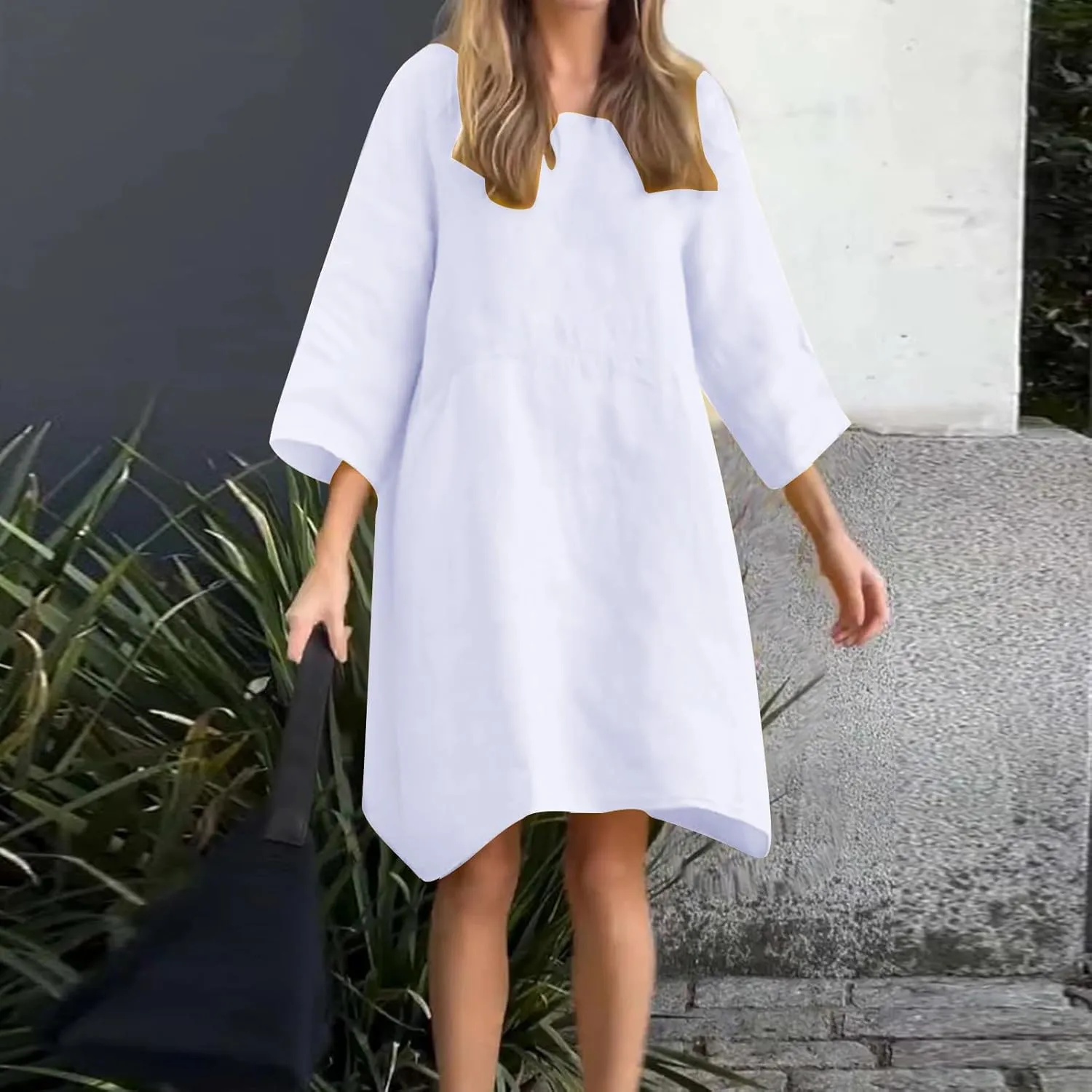 Cotton Linen Midi Dress for Women Casual 3/4 Sleeve Crew Neck Shift Dress Knee Length Loose Solid Dresses Plus Size